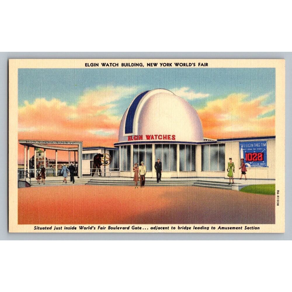 Vintage 1939 NY World's Fair Elgin Watch Building Postcard